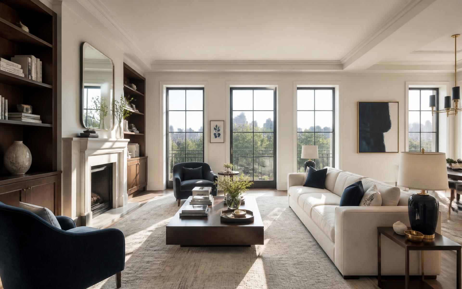 Bright, elegantly furnished Cambridge apartment living room prepared for short-let guests